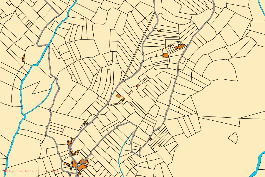 Plan cadastral du centre de Petrella Salto : parcelles et bâtiments, cartographie de l'Agenzia delle Entrate