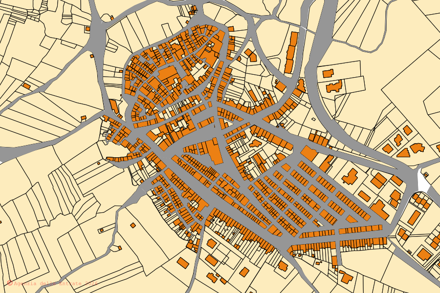 Plan cadastral du centre de Petrella Tifernina : parcelles et bâtiments, cartographie de l'Agenzia delle Entrate
