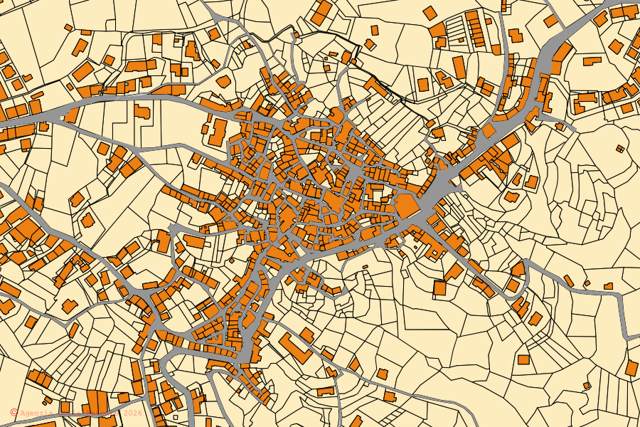 Plan cadastral du centre de Petronà : parcelles et bâtiments, cartographie de l'Agenzia delle Entrate
