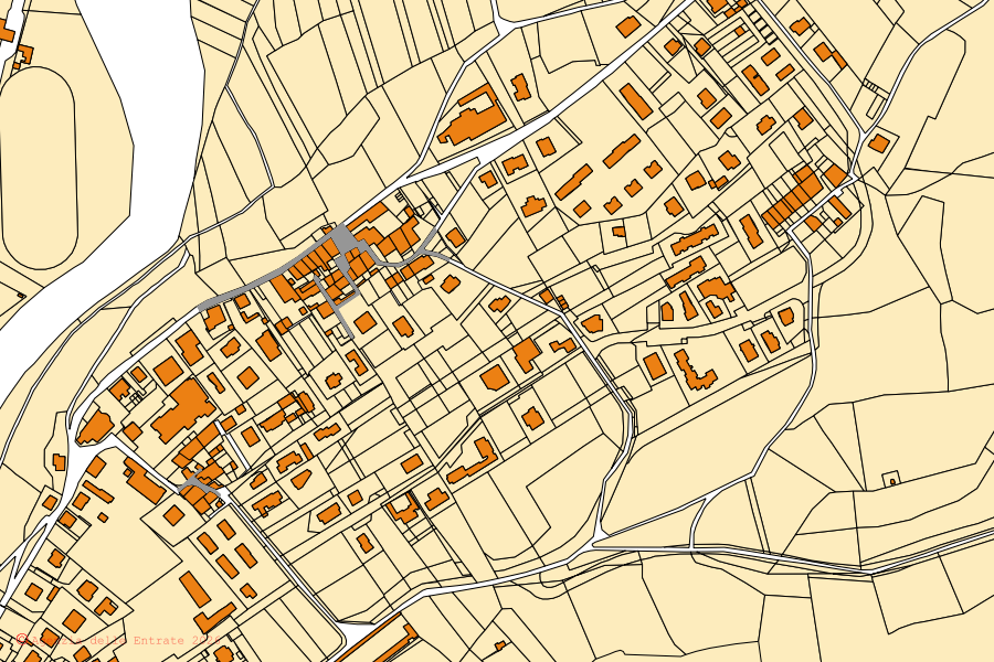 Plan cadastral du centre de Piario : parcelles et bâtiments, cartographie de l'Agenzia delle Entrate