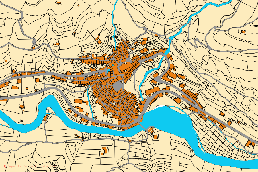 Plan cadastral du centre de Pigna : parcelles et bâtiments, cartographie de l'Agenzia delle Entrate