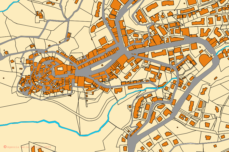 Plan cadastral du centre de Poggio Mirteto : parcelles et bâtiments, cartographie de l'Agenzia delle Entrate