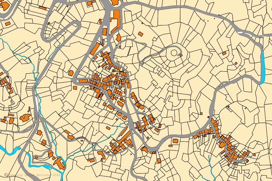 Plan cadastral du centre de Portula : parcelles et bâtiments, cartographie de l'Agenzia delle Entrate