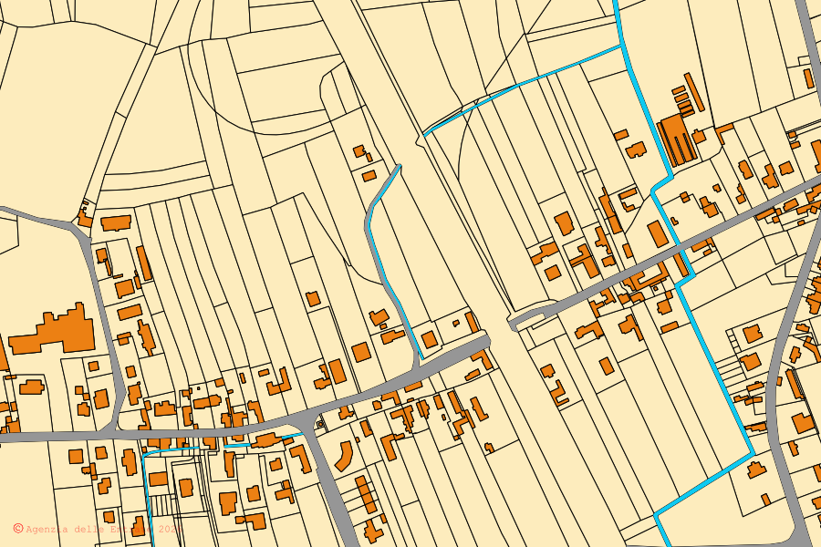 Plan cadastral du centre de Pozzuolo del Friuli : parcelles et bâtiments, cartographie de l'Agenzia delle Entrate