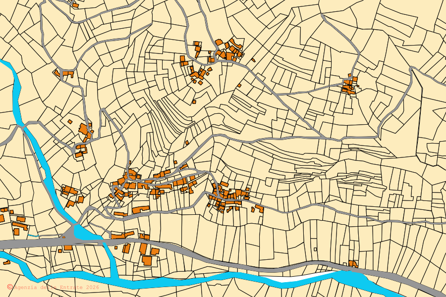 Plan cadastral du centre de Pramollo : parcelles et bâtiments, cartographie de l'Agenzia delle Entrate