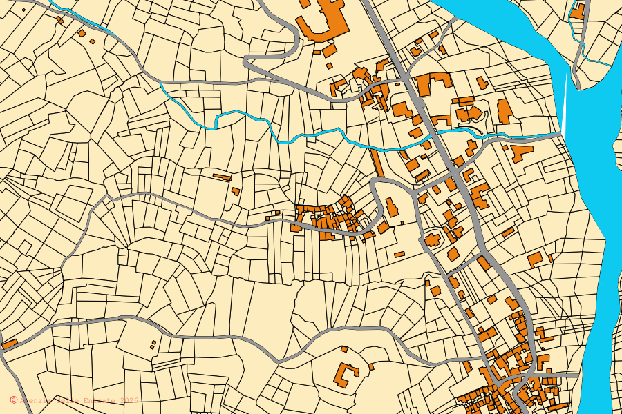 Plan cadastral du centre de Roasio : parcelles et bâtiments, cartographie de l'Agenzia delle Entrate