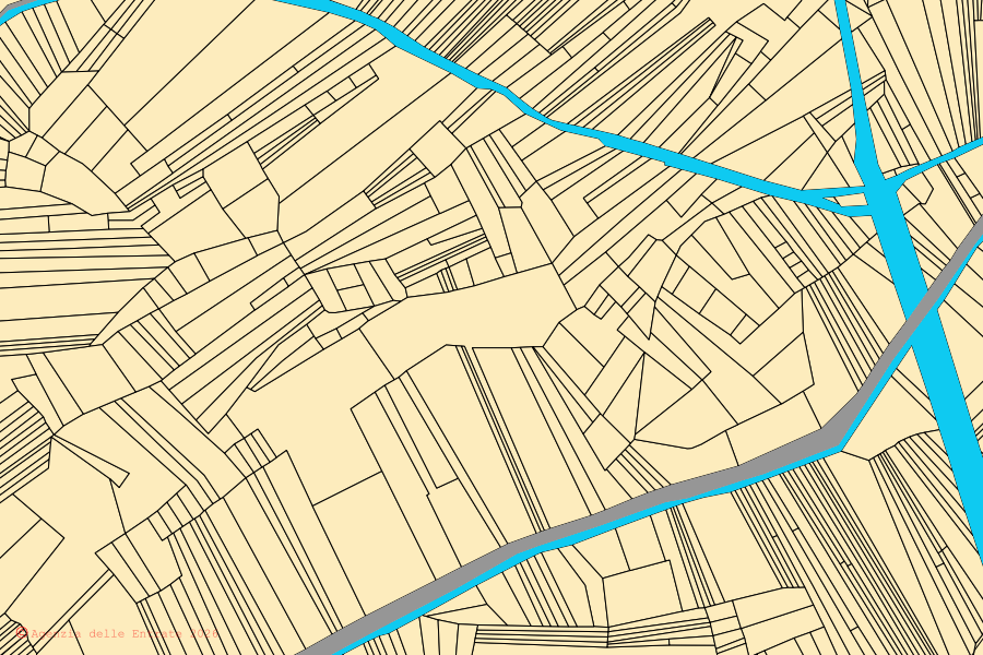 Plan cadastral du centre de Rocca di Cambio : parcelles et bâtiments, cartographie de l'Agenzia delle Entrate