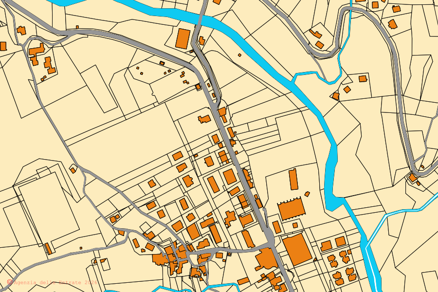 Plan cadastral du centre de Roccafluvione : parcelles et bâtiments, cartographie de l'Agenzia delle Entrate