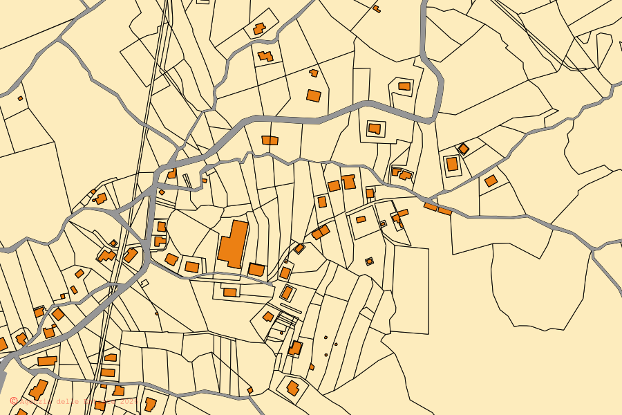 Plan cadastral du centre de Roccagloriosa : parcelles et bâtiments, cartographie de l'Agenzia delle Entrate