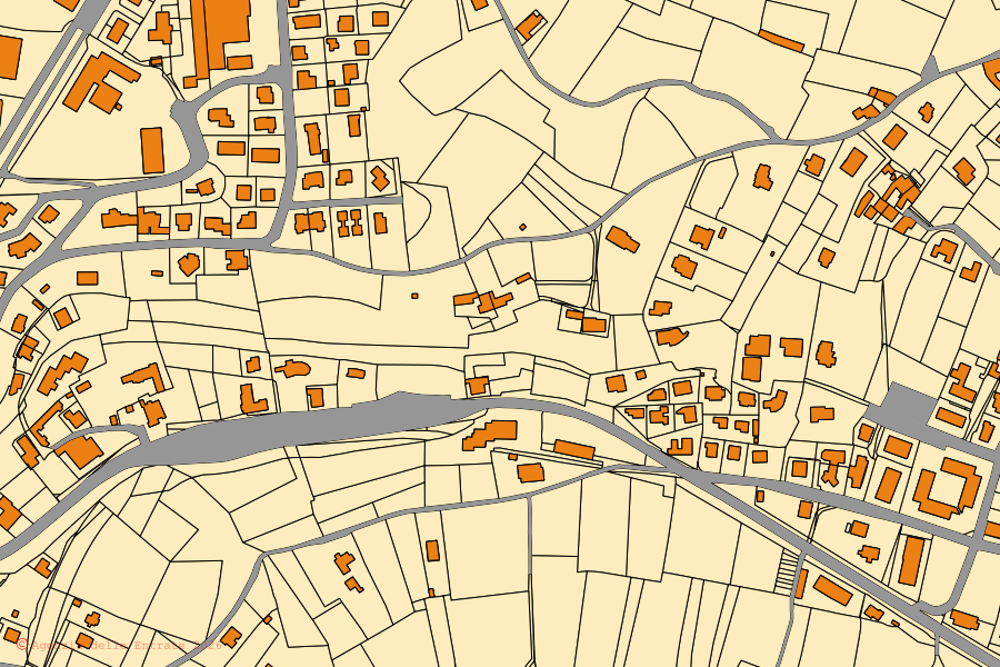 Plan cadastral du centre de Roè Volciano : parcelles et bâtiments, cartographie de l'Agenzia delle Entrate