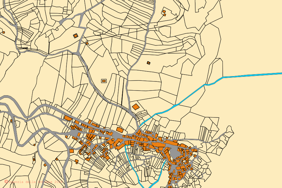 Plan cadastral du centre de Romagnano al Monte : parcelles et bâtiments, cartographie de l'Agenzia delle Entrate