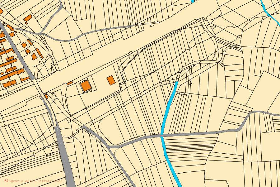 Plan cadastral du centre de Rondissone : parcelles et bâtiments, cartographie de l'Agenzia delle Entrate