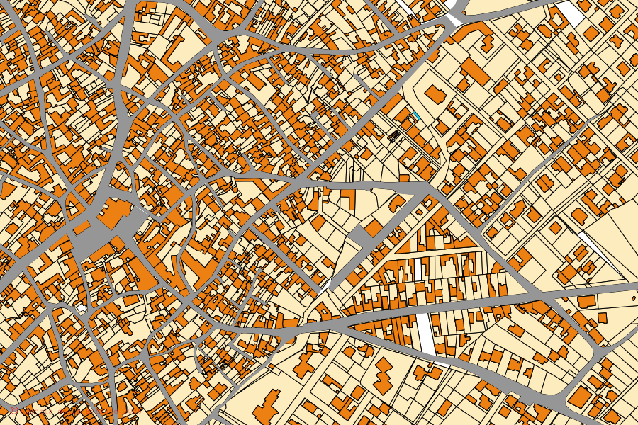 Plan cadastral du centre de San Gavino Monreale : parcelles et bâtiments, cartographie de l'Agenzia delle Entrate