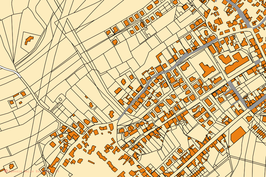 Plan cadastral du centre de San Giovanni Suergiu : parcelles et bâtiments, cartographie de l'Agenzia delle Entrate