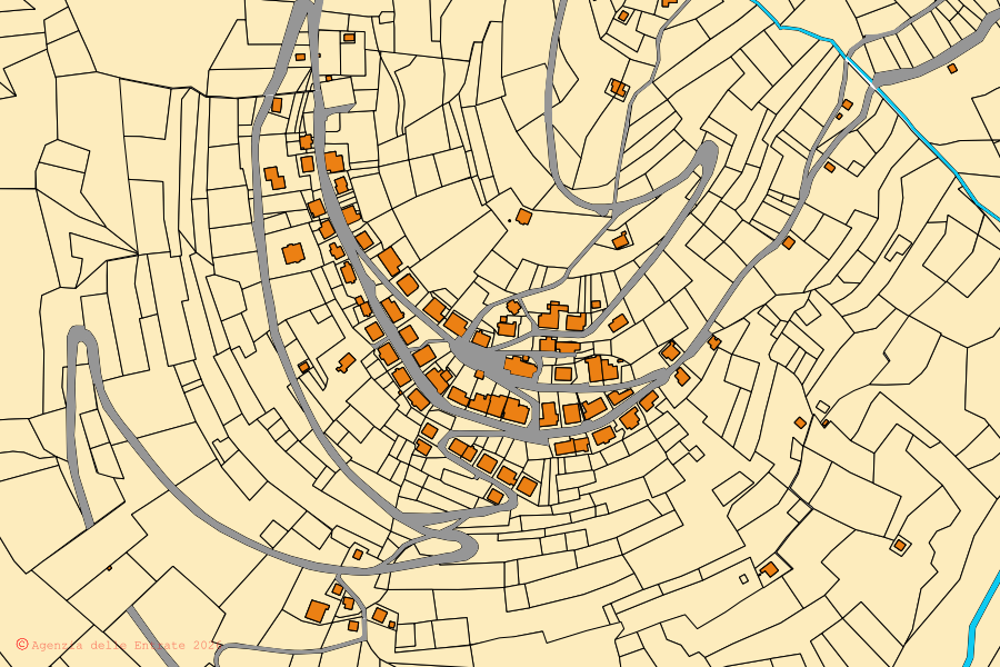 Plan cadastral du centre de San Nicolò di Comelico : parcelles et bâtiments, cartographie de l'Agenzia delle Entrate