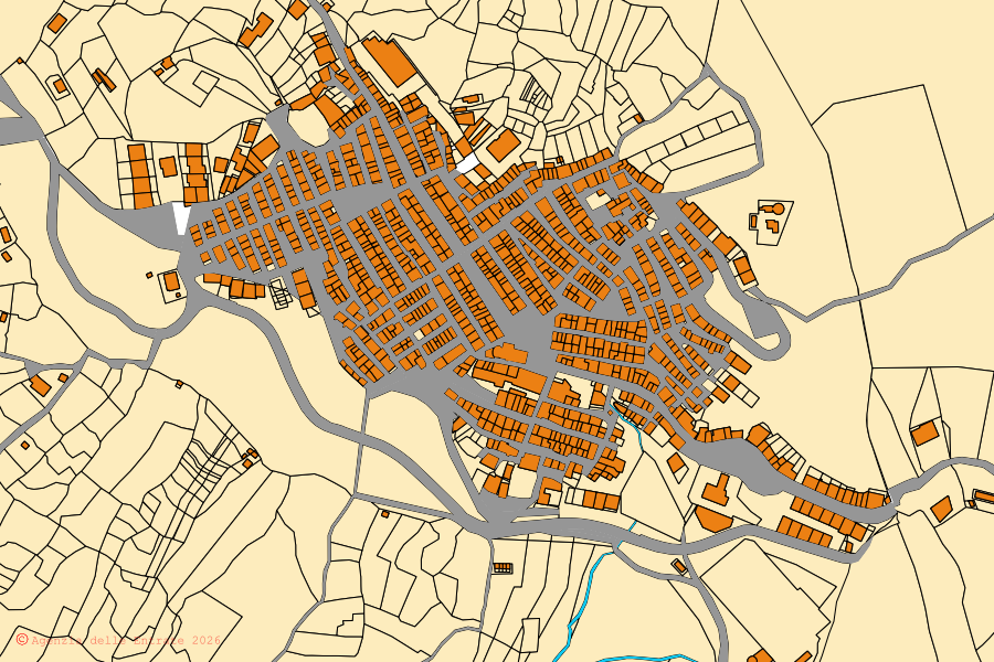 Plan cadastral du centre de San Teodoro : parcelles et bâtiments, cartographie de l'Agenzia delle Entrate