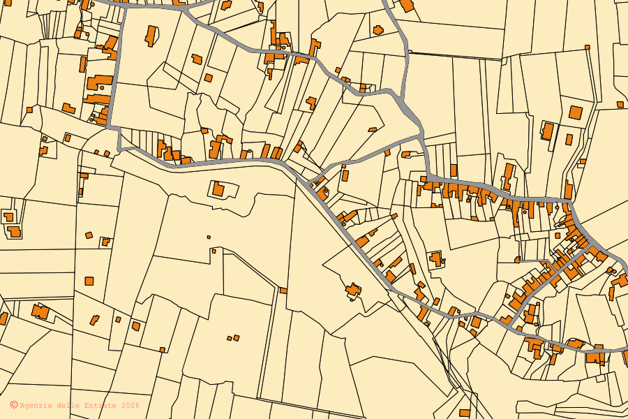 Plan cadastral du centre de Santa Venerina : parcelles et bâtiments, cartographie de l'Agenzia delle Entrate