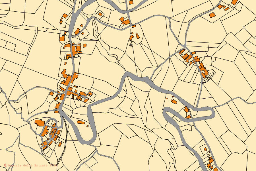 Plan cadastral du centre de Serrapetrona : parcelles et bâtiments, cartographie de l'Agenzia delle Entrate