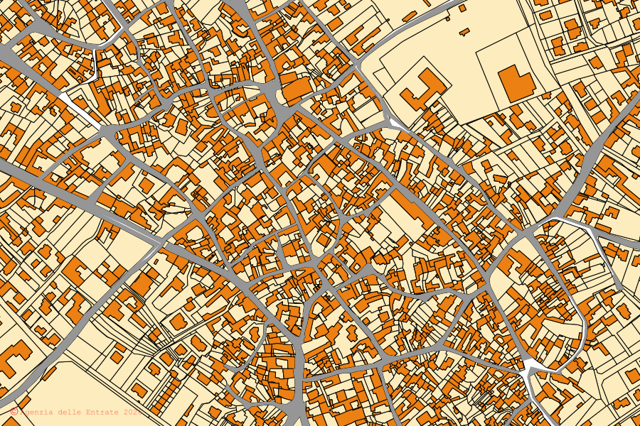 Plan cadastral du centre de Serrenti : parcelles et bâtiments, cartographie de l'Agenzia delle Entrate