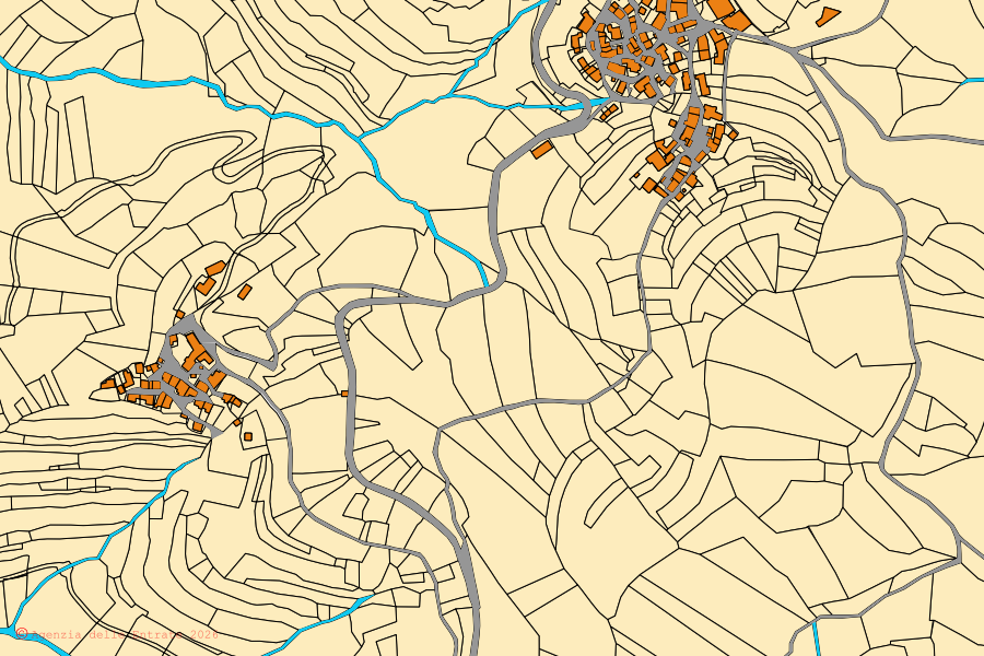 Plan cadastral du centre de Stregna : parcelles et bâtiments, cartographie de l'Agenzia delle Entrate