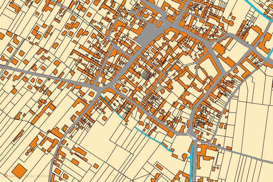 Plan cadastral du centre de Stroppiana : parcelles et bâtiments, cartographie de l'Agenzia delle Entrate