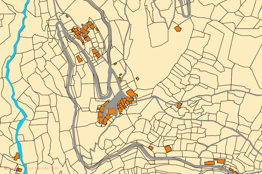 Plan cadastral du centre de Stroppo : parcelles et bâtiments, cartographie de l'Agenzia delle Entrate