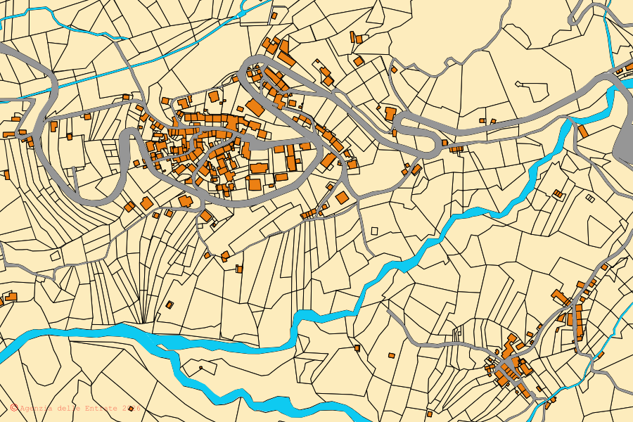 Plan cadastral du centre de Tambre : parcelles et bâtiments, cartographie de l'Agenzia delle Entrate