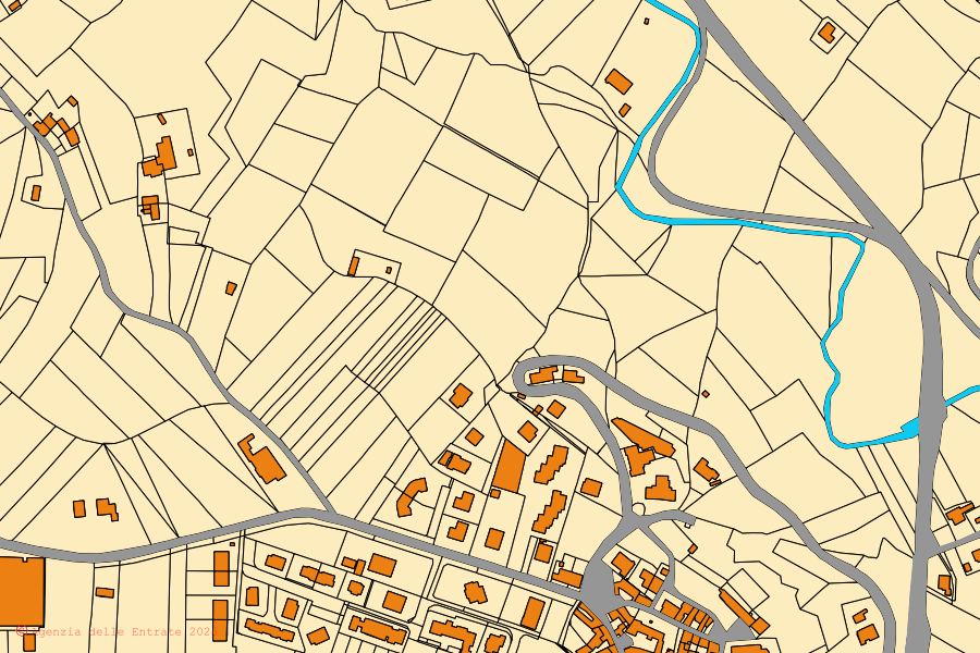 Plan cadastral du centre de Terzo : parcelles et bâtiments, cartographie de l'Agenzia delle Entrate