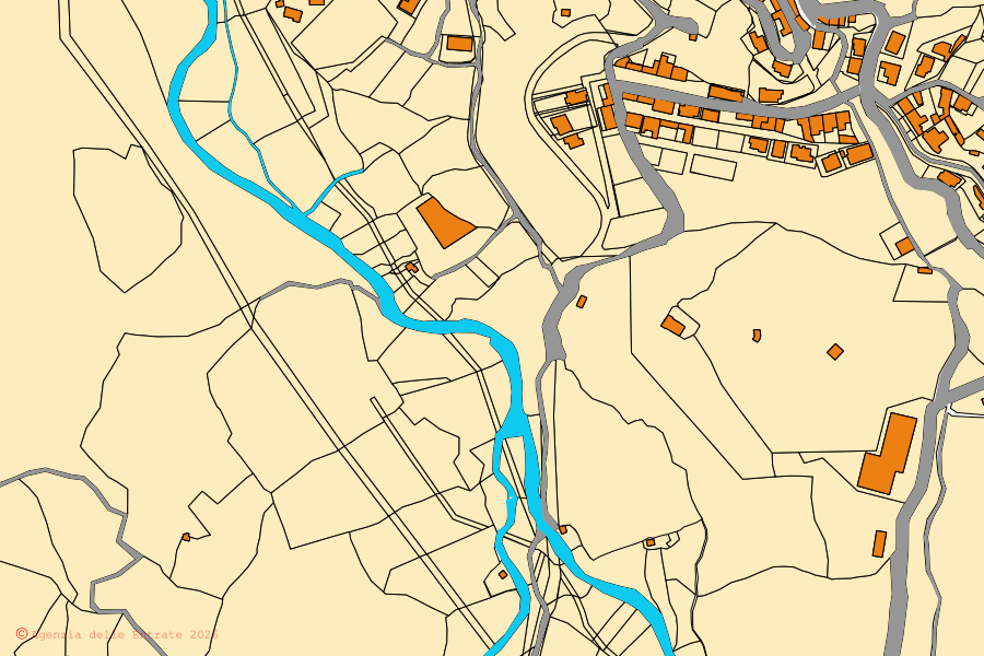 Plan cadastral du centre de Tiana : parcelles et bâtiments, cartographie de l'Agenzia delle Entrate