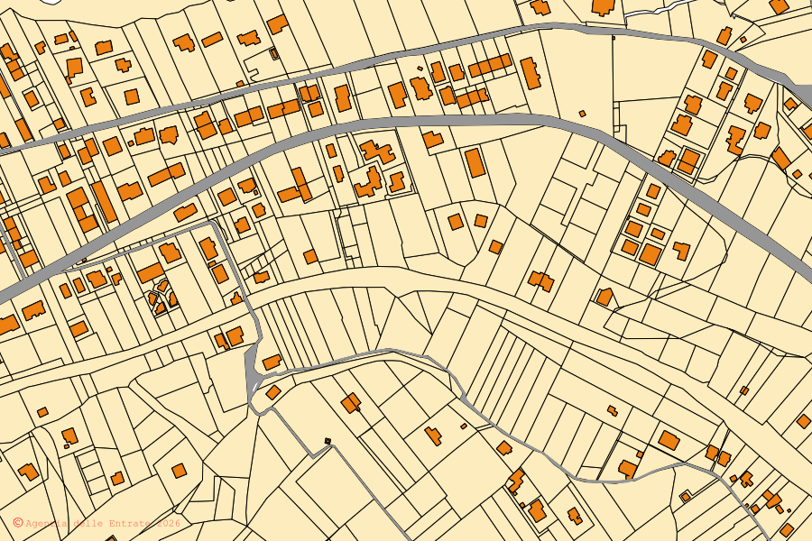 Plan cadastral du centre de Trappeto : parcelles et bâtiments, cartographie de l'Agenzia delle Entrate