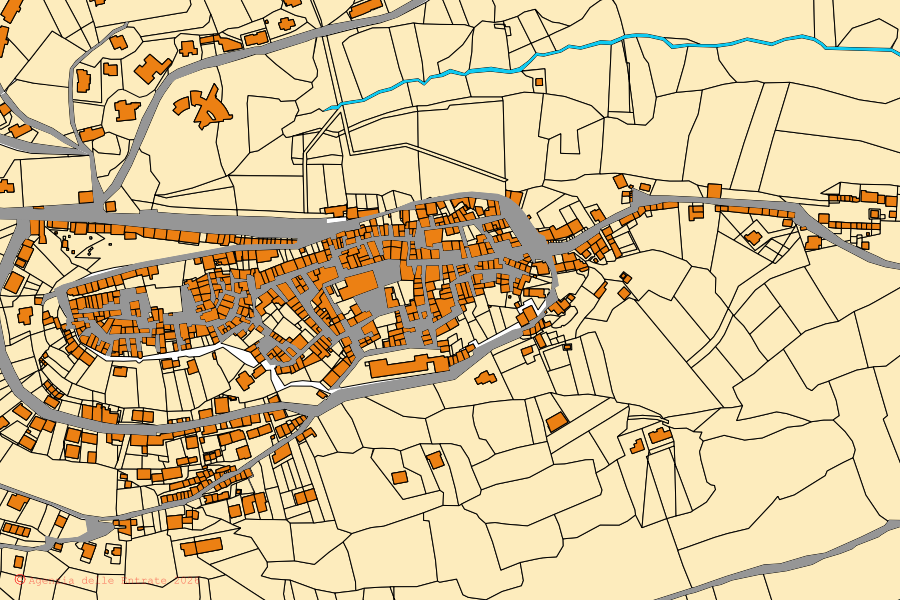 Plan cadastral du centre de Trevi nel Lazio : parcelles et bâtiments, cartographie de l'Agenzia delle Entrate