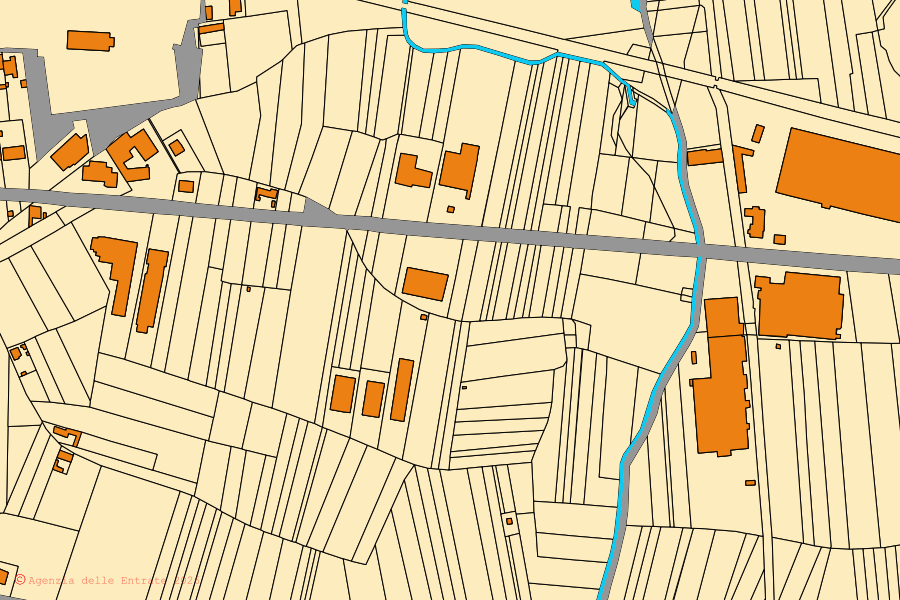 Plan cadastral du centre de Trino : parcelles et bâtiments, cartographie de l'Agenzia delle Entrate