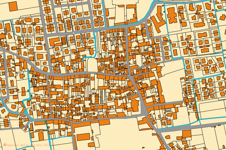 Plan cadastral du centre de Vaiano Cremasco : parcelles et bâtiments, cartographie de l'Agenzia delle Entrate