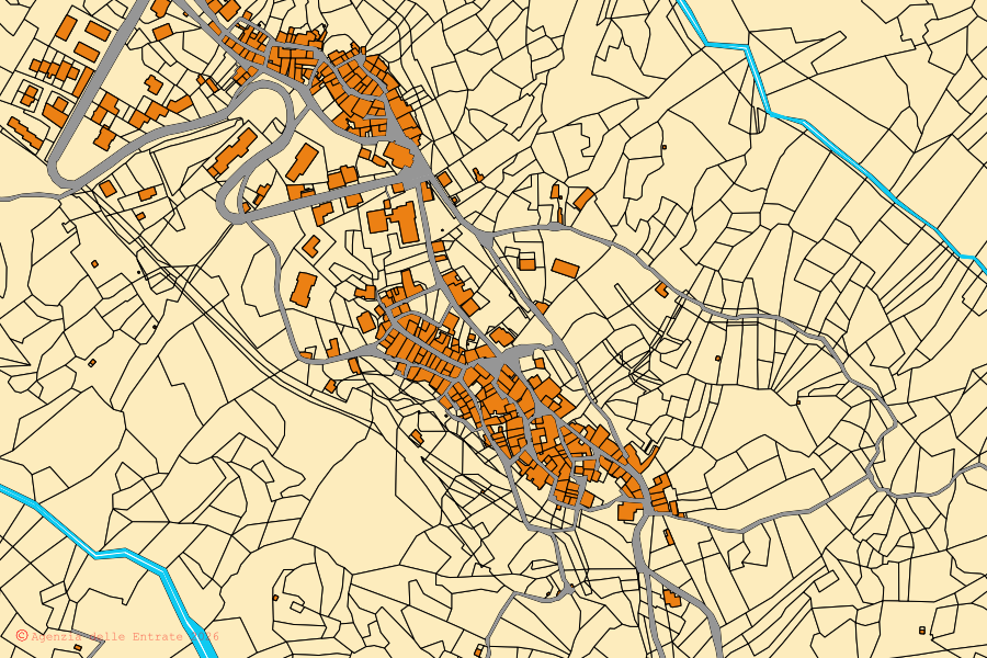 Plan cadastral du centre de Valdina : parcelles et bâtiments, cartographie de l'Agenzia delle Entrate