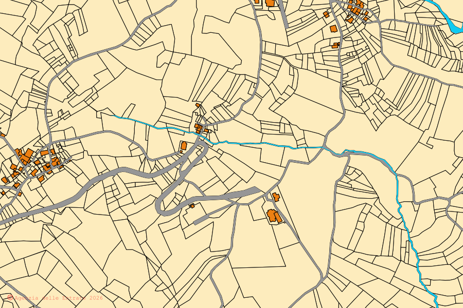 Plan cadastral du centre de Valmozzola : parcelles et bâtiments, cartographie de l'Agenzia delle Entrate