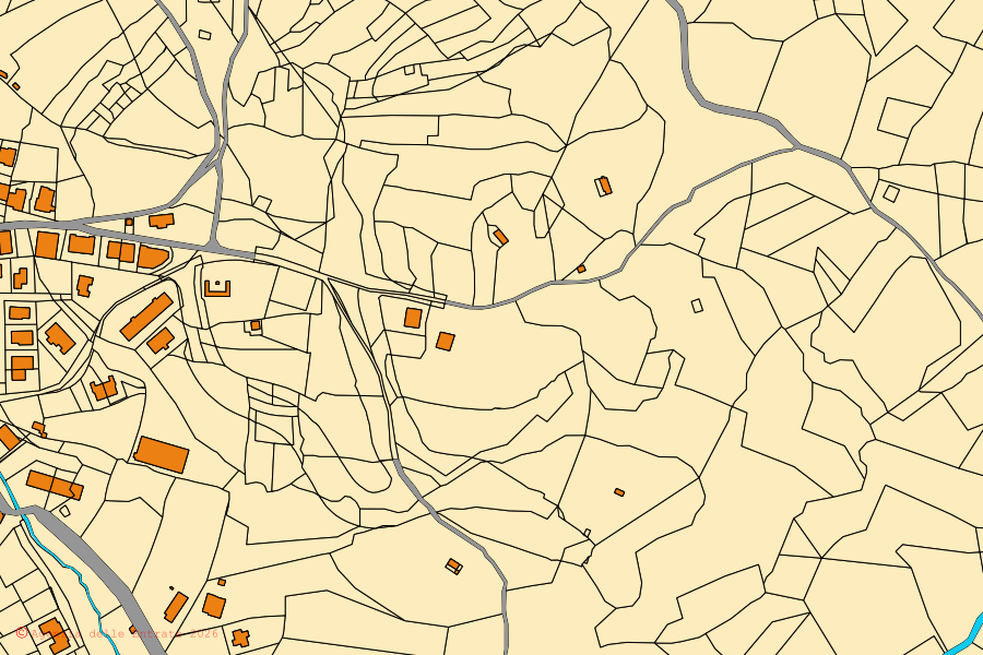Plan cadastral du centre de Vazzano : parcelles et bâtiments, cartographie de l'Agenzia delle Entrate