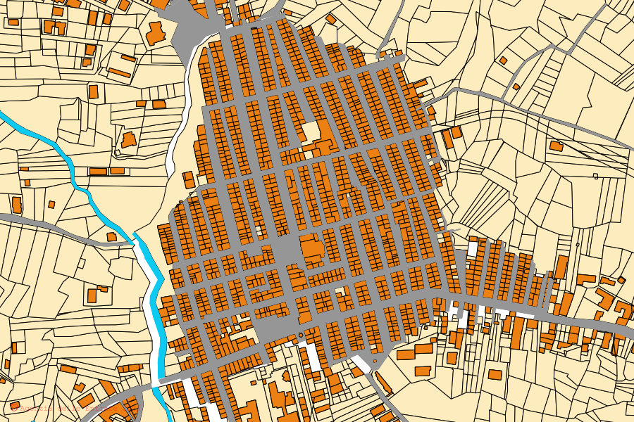 Plan cadastral du centre de Ventimiglia di Sicilia : parcelles et bâtiments, cartographie de l'Agenzia delle Entrate