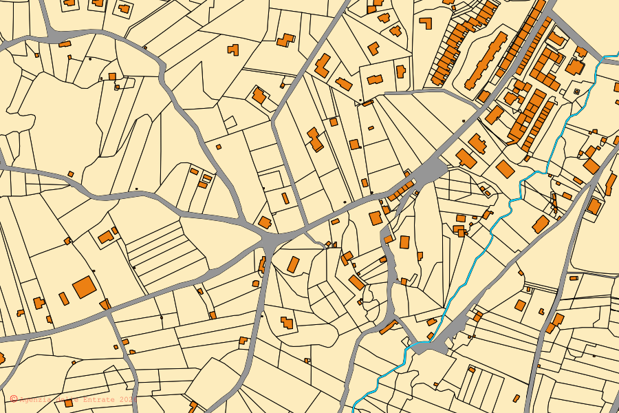Plan cadastral du centre de Villa San Giovanni in Tuscia : parcelles et bâtiments, cartographie de l'Agenzia delle Entrate