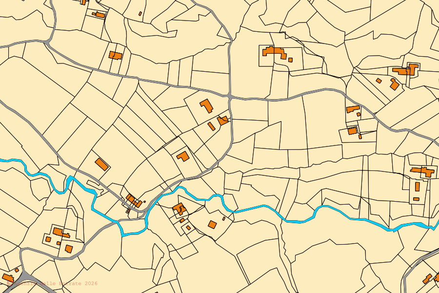 Plan cadastral du centre de Vo' : parcelles et bâtiments, cartographie de l'Agenzia delle Entrate