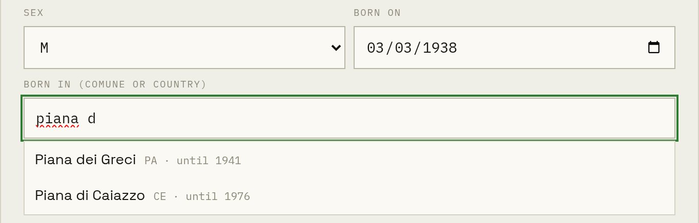 The tax code calculator with a former comune, Piana dei Greci, until 1941