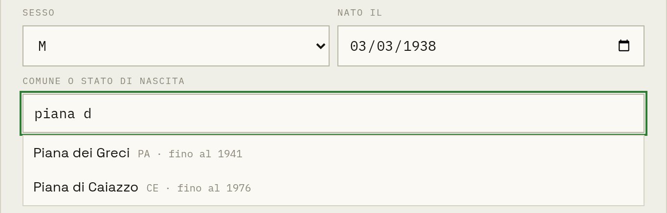 Il calcolatore del codice fiscale con un comune soppresso, Piana dei Greci, fino al 1941