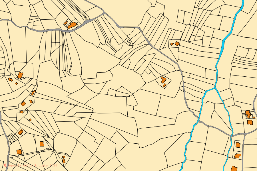 Mapa cadastral do centro de Abbateggio: parcelas e edifícios, cartografia da Agenzia delle Entrate
