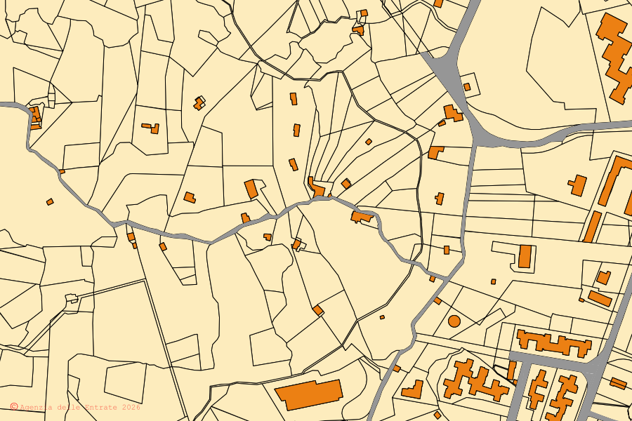 Mapa cadastral do centro de Aci Catena: parcelas e edifícios, cartografia da Agenzia delle Entrate