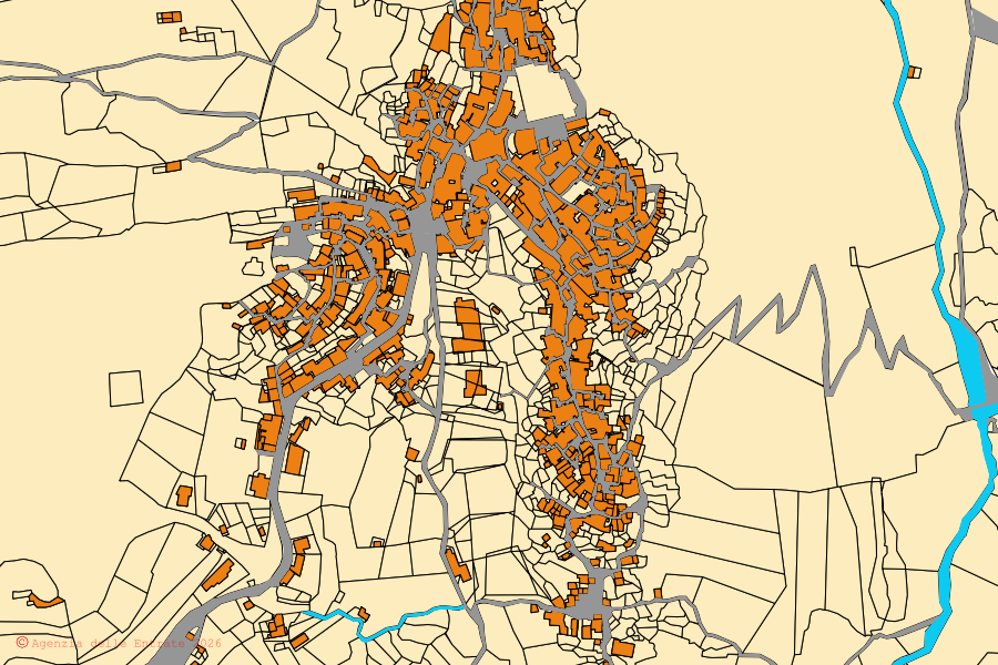 Mapa cadastral do centro de Aieta: parcelas e edifícios, cartografia da Agenzia delle Entrate