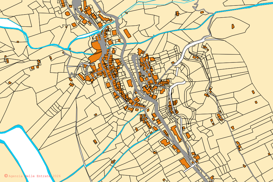 Mapa cadastral do centro de Albaredo per San Marco: parcelas e edifícios, cartografia da Agenzia delle Entrate