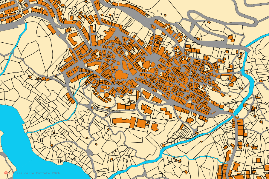 Mapa cadastral do centro de Alcara li Fusi: parcelas e edifícios, cartografia da Agenzia delle Entrate