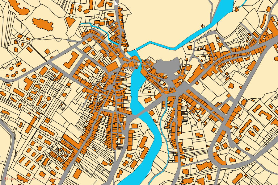 Mapa cadastral do centro de Alfedena: parcelas e edifícios, cartografia da Agenzia delle Entrate