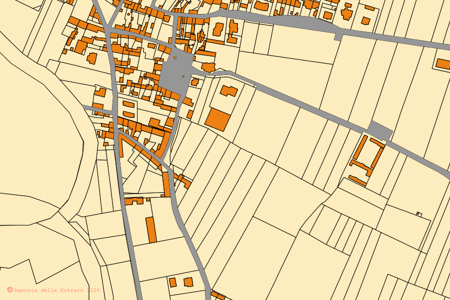 Mapa cadastral do centro de Alzano Scrivia: parcelas e edifícios, cartografia da Agenzia delle Entrate