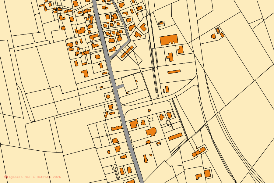 Mapa cadastral do centro de Ariano nel Polesine: parcelas e edifícios, cartografia da Agenzia delle Entrate