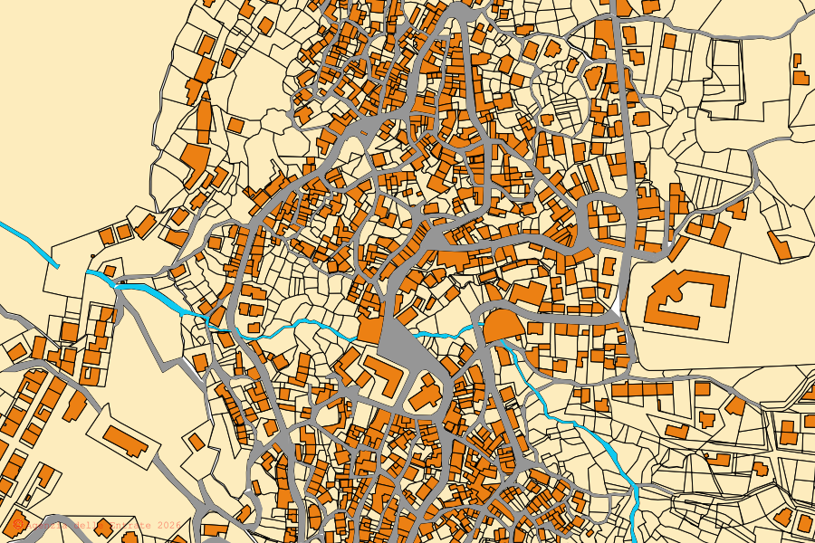 Mapa cadastral do centro de Arzana: parcelas e edifícios, cartografia da Agenzia delle Entrate